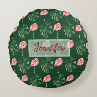 Custom Tropical Flamingo & Monstera Leaf Pillow Rundes Kissen