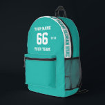 Custom Türkis blue Name, Number, Team Sport Bedruckter Rucksack<br><div class="desc">Erstellen Sie Ihren eigenen, türkisfarbenen, hellblauen Sport Football Style bedruckten Rucksack mit Name, Nummer, Teamname, Slogan und Jahr. Personalisieren Sie diese einfache, klassische gedruckte Rucksack-Vorlage mit Ihrer benutzerdefinierten Nachricht, Name, Teamname und Jahr. Einfach für einen coolen Sportgenuss personalisieren. Kreieren Sie Ihr einzigartiges personalisiertes Geschenk für Trainer, Geburtstag eines Jungen, Fußballspieler,...</div>