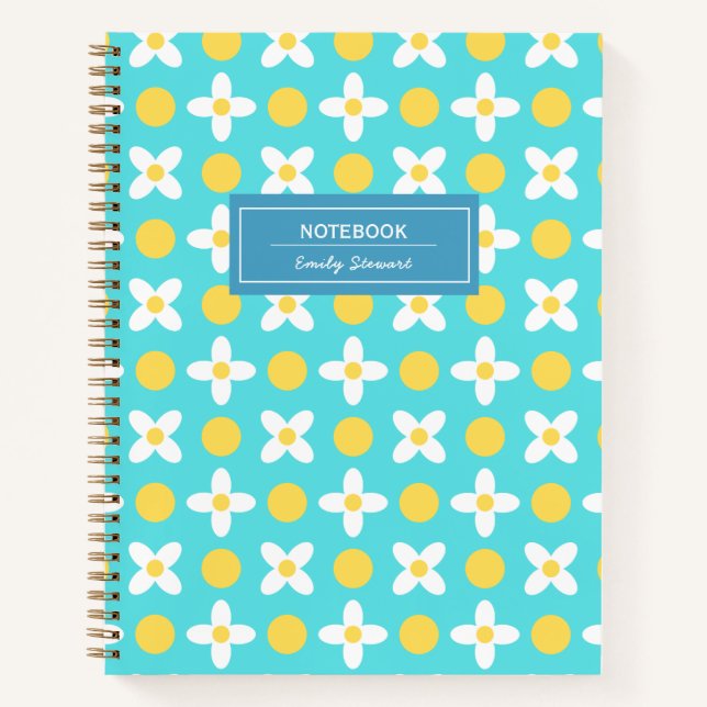 Custom Türkise Blue Retro Blumenmuster Notizbuch (Vorderseite)