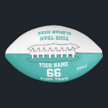 Custom Türkise Football with Name, Number, Team<br><div class="desc">Erstellen Sie Ihren eigenen weißen türkisblauen Fußball mit Name,  Nummer,  Teamname,  Slogan und Jahr. Personalisieren Sie diese einfache klassische Fußball-Vorlage mit Ihrer benutzerdefinierten Nachricht,  Name,  Teamname und Jahr. Einfach für einen coolen Sportgenuss personalisieren. Kreieren Sie Ihr personalisiertes Geschenk für Trainer,  Geburtstag eines Jungen,  Fußballspieler,  Teamkollegen und Freunde.</div>