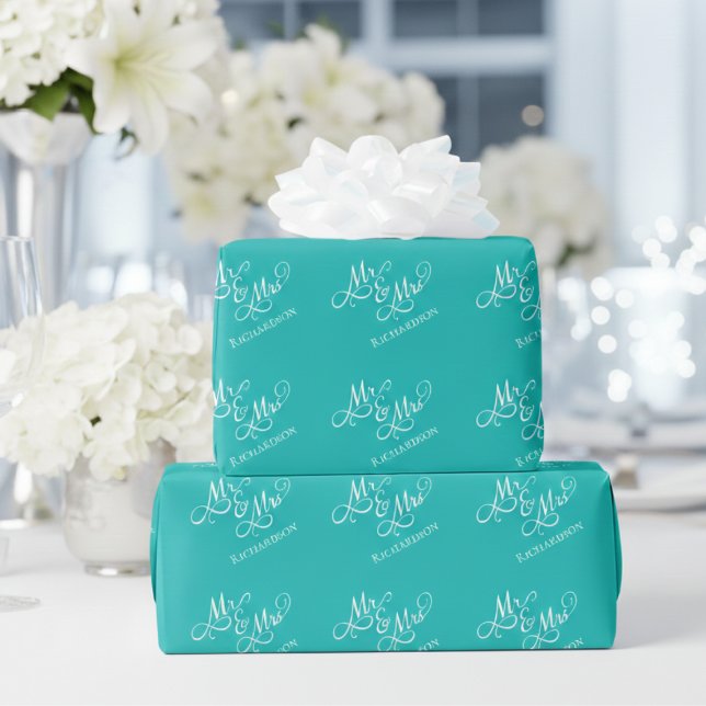 Custom Turquoise Mr. und Mrs. Geschenkpapier (elegant mr and mrs birds egg blue turquoise wedding wrapping paper)