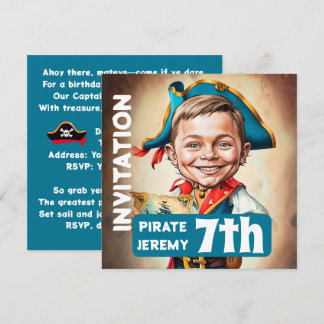Custom Turquoise Pirate 7. Geburtstagskarikatur Einladung