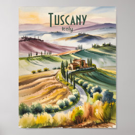 Custom Tuscany Watercolor Rolling Hills Landscape Poster