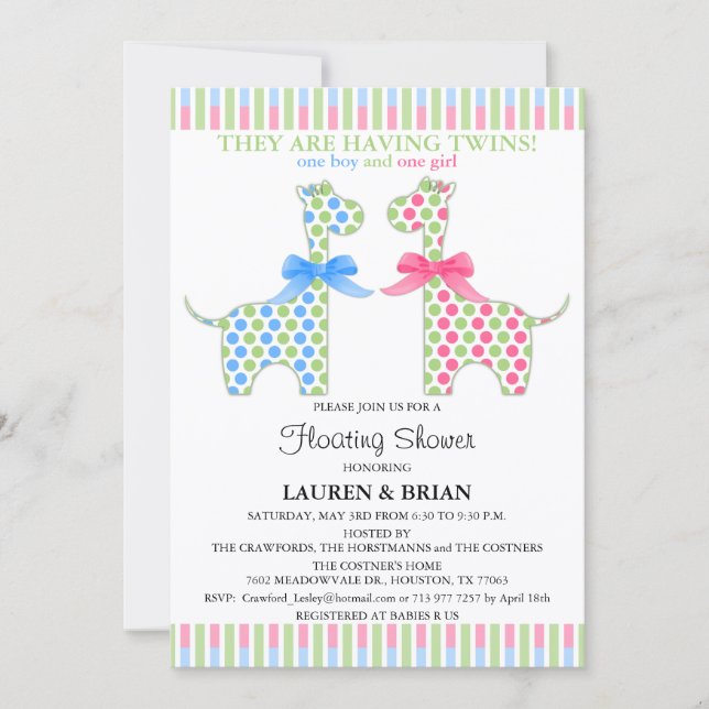Custom Twin Giraffe Floating Baby Shower Einladung (Vorderseite)