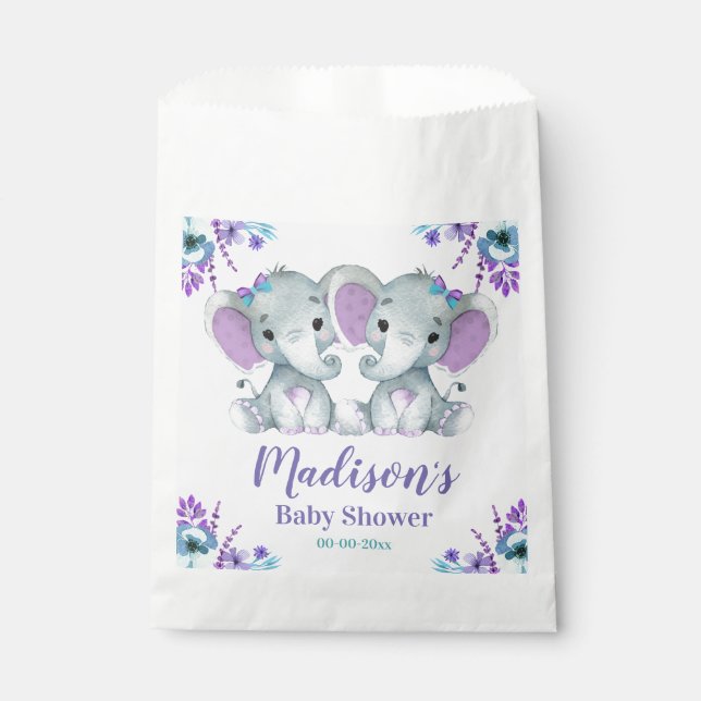 Custom Twin Girl Elephant Baby Showtaschen Geschenktütchen (Vorderseite)