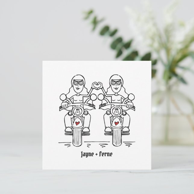 Custom Two Brides Biker Motorrad Abend Hochzeit Einladung (Stehend Vorderseite)
