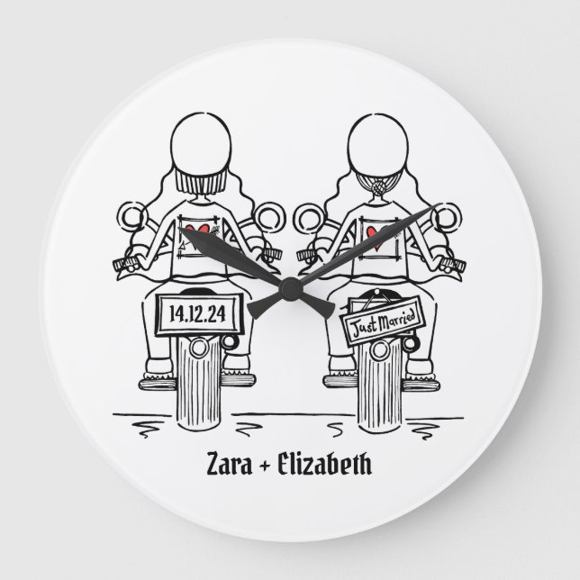 Custom Two Brides Biker Motorrad Hochzeit Große Wanduhr (Vorderseite)