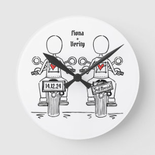 Custom Two Brides Biker Motorrad Hochzeitsuhr Runde Wanduhr
