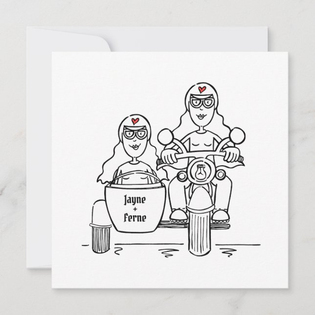 Custom Two Brides Motorrad und Sidecar Abend Einladung (Vorderseite)