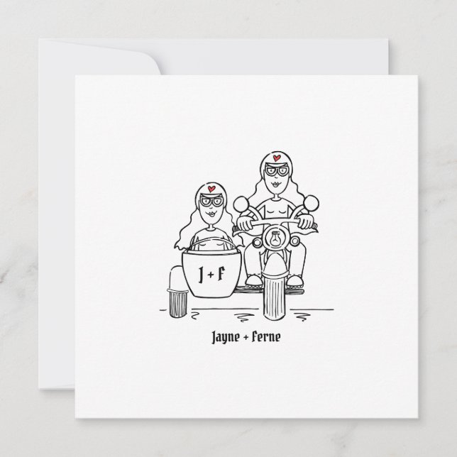 Custom Two Brides Motorrad und Sidecar Wedding Einladung (Vorderseite)