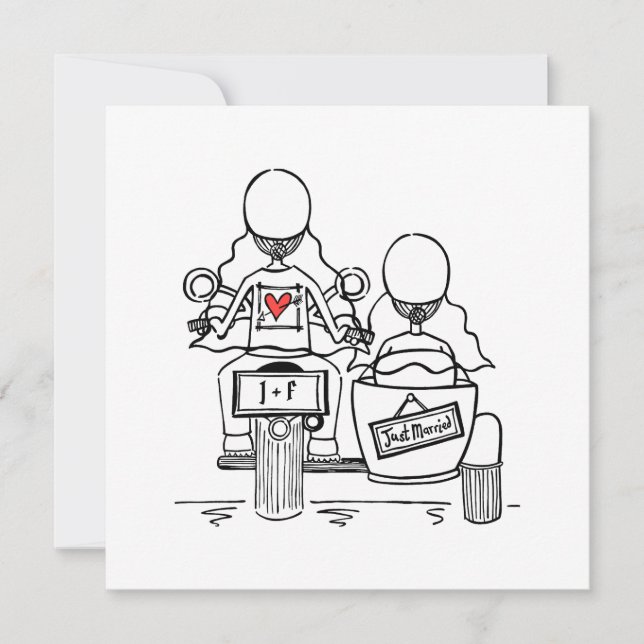Custom Two Brides Motorrad und Sidecar Wedding Einladung (Vorderseite)