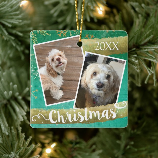 Custom Two Foto Christmas Keramikornament (Baum)