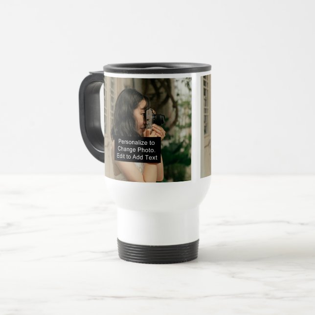 Custom Two Fotos Artwork Slogan 15 oz White Reisebecher (Vorderseite Links)