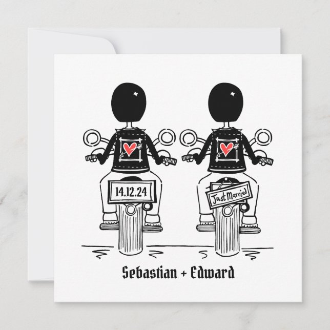 Custom Two Grooms Biker Motorrad Gay Wedding Einladung (Vorderseite)