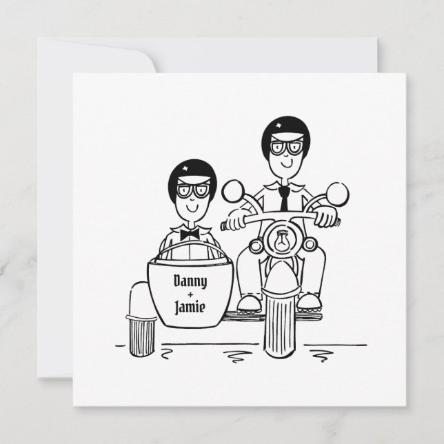 Custom Two Grooms Motorrad und Sidecar Abend Einladung (Vorderseite)