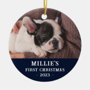 Custom Two Side Blue First Christmas Puppy Foto Keramik Ornament
