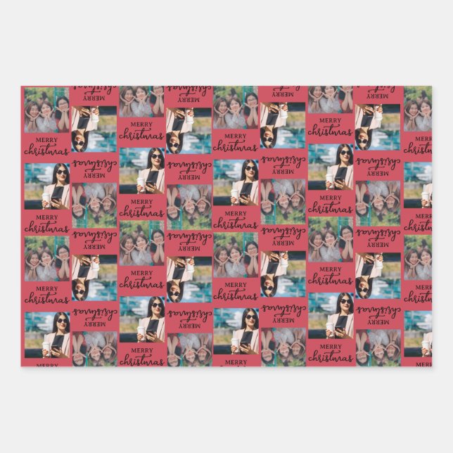 Custom Two Square Foto Christmas Red Green Geschenkpapier Set (Vorderseite)