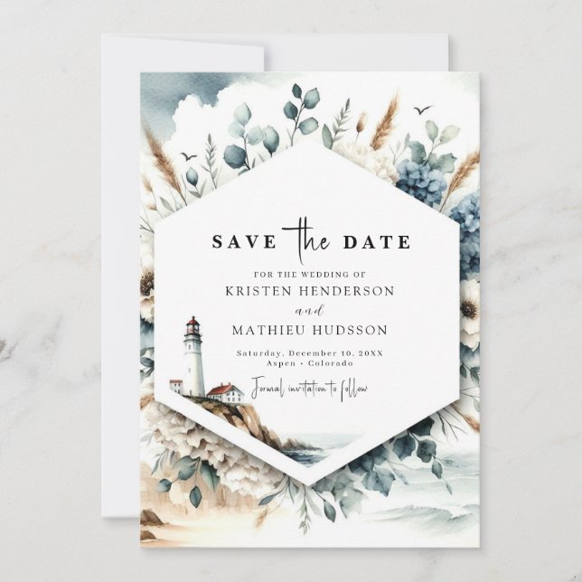 Custom Typografy Lighthouse Wedding Save The Date (Vorderseite)