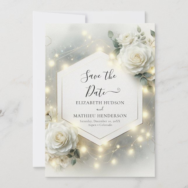 Custom Typografy White Roses Wedding Save The Date (Vorderseite)