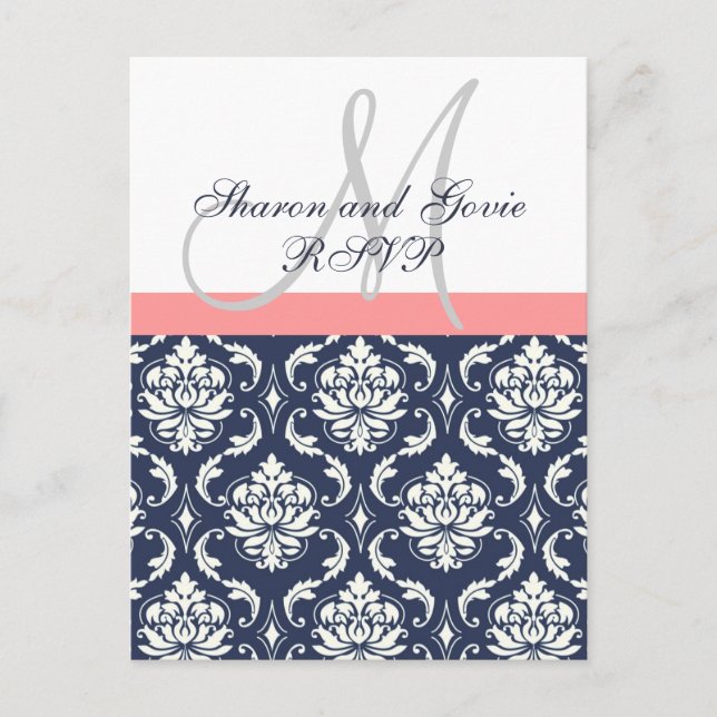 Custom UAWG Navy Damask Hochzeitskarte Einladungspostkarte (Vorderseite)