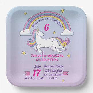 Custom Unicorn Birthday Square Plate - Girl Party Pappteller