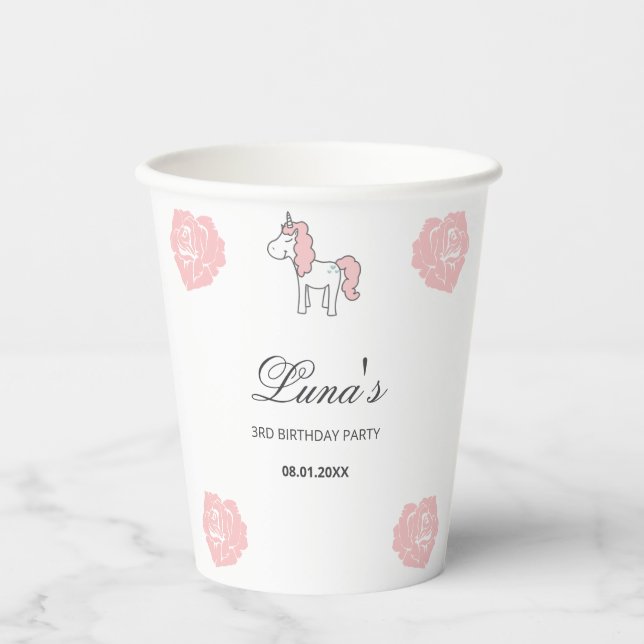 Custom Unicorn Cute Pink Birthday Party  Pappbecher (Vorderseite)