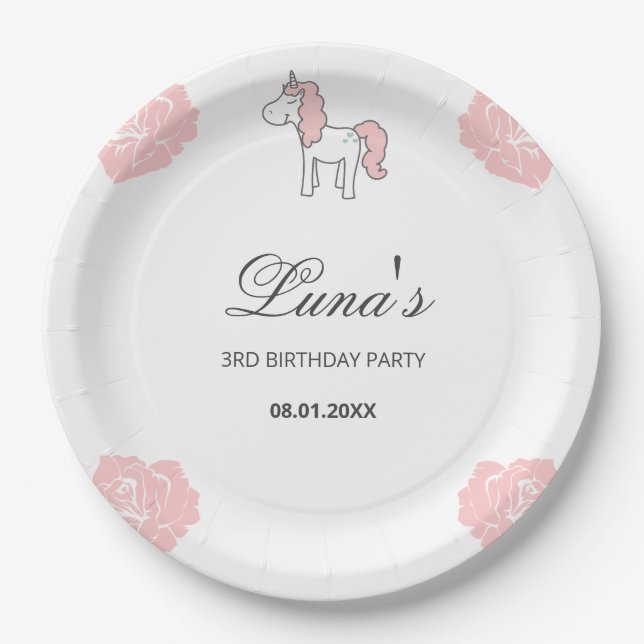 Custom Unicorn Cute Pink Birthday Party  Pappteller (Vorderseite)