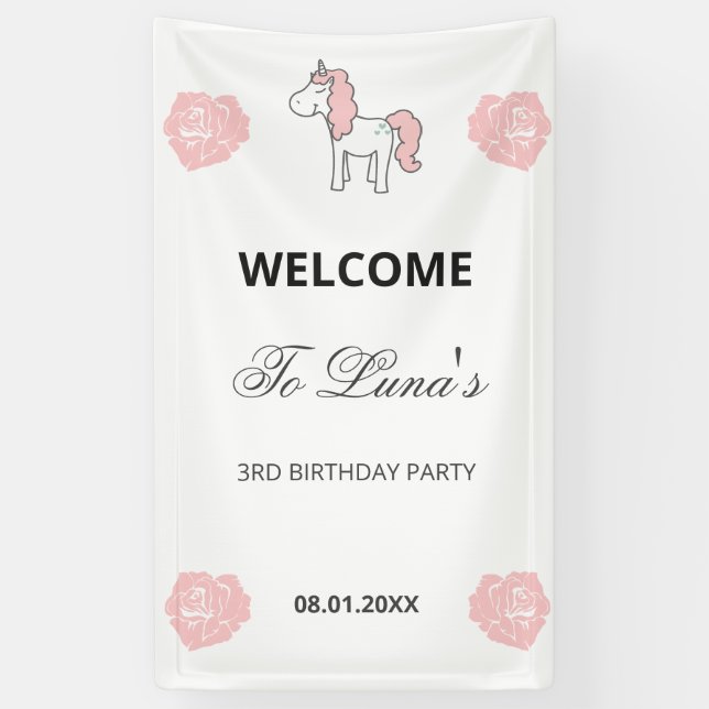 Custom Unicorn Cute Pink Birthday Party Welcome Banner (Vertikal)
