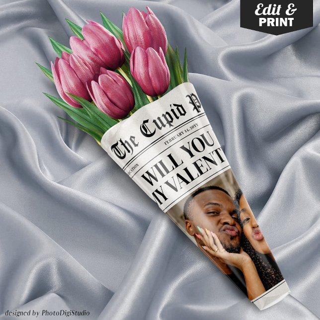 Custom Valentine Newspaper Flower Bouquet Gift  Geschenkpapier Set (Valentines Day Newspaper Template, Flower Bouquet Wrap, Will You Be My Valentine Gift )
