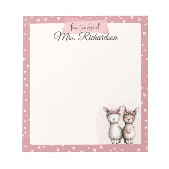 Custom Valentine Notepad Cute Pink Llama & Hearts Notizblock (Vorderseite)
