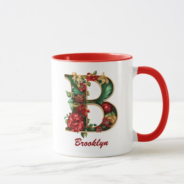 Custom Verziert Monogram B Christmas Red Gold Tass Tasse (Rechts)