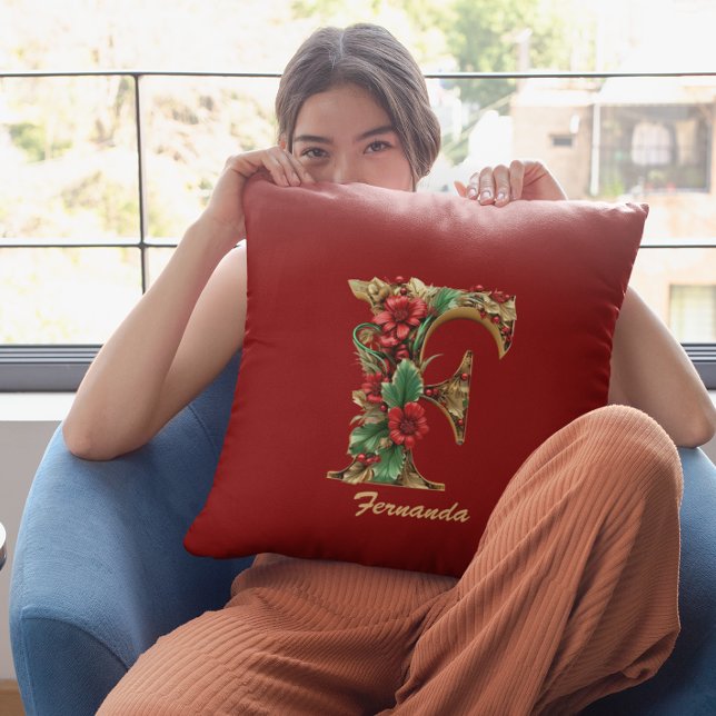 Custom Verziert Monogram F Christmas Red Gold Kissen (Von Creator hochgeladen)
