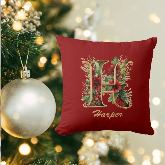 Custom Verziert Monogram H Christmas Red Gold Kissen (Von Creator hochgeladen)