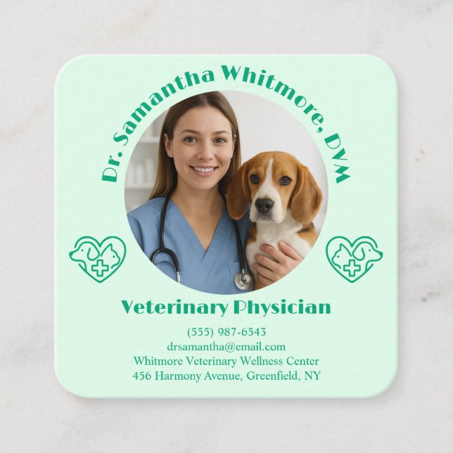 Custom Veterinary Business Card with Photo  Quadratische Visitenkarte (Vorderseite)