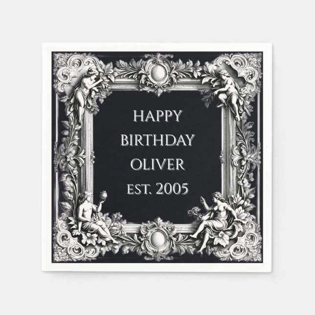 Custom Victorian Scroll Frame Napkin – black Serviette (Vorderseite)