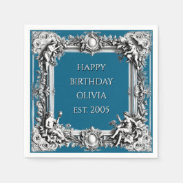 Custom Victorian Scroll Frame Napkin – dark blue Serviette