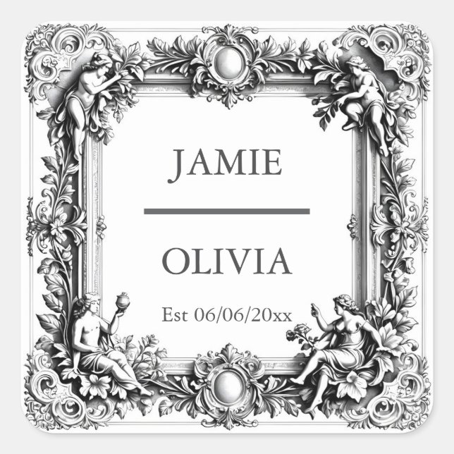 Custom Viktorianisch Scroll Frame Napkin - Hochzei Quadratischer Aufkleber (Vorderseite)
