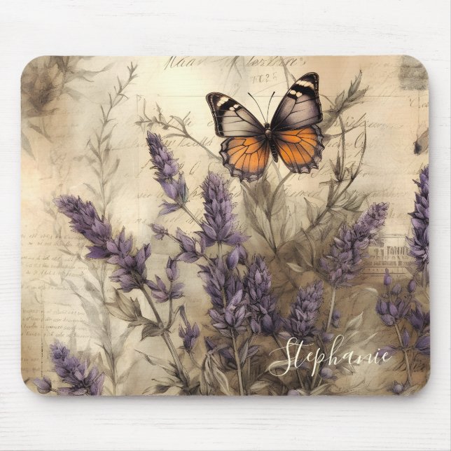Custom Vintage Lavender Butterfly Illustration Mousepad (Vorne)