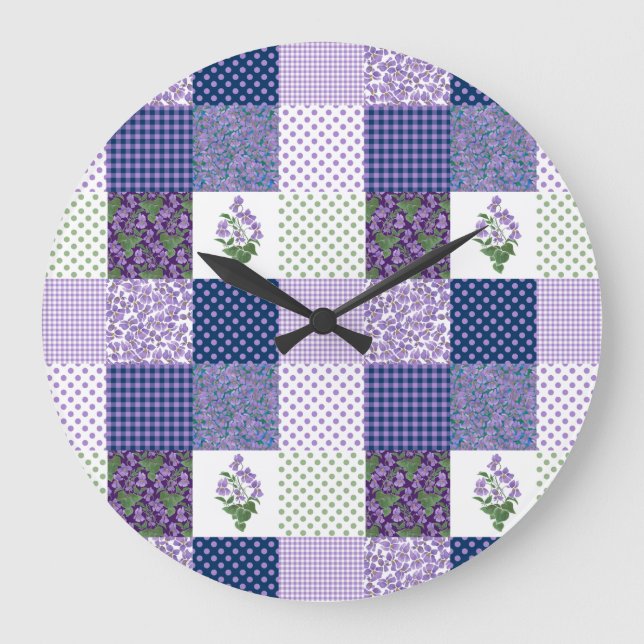 Custom Wall Clock, Imitate-Patchwork-Violets-Muste Große Wanduhr (Vorderseite)
