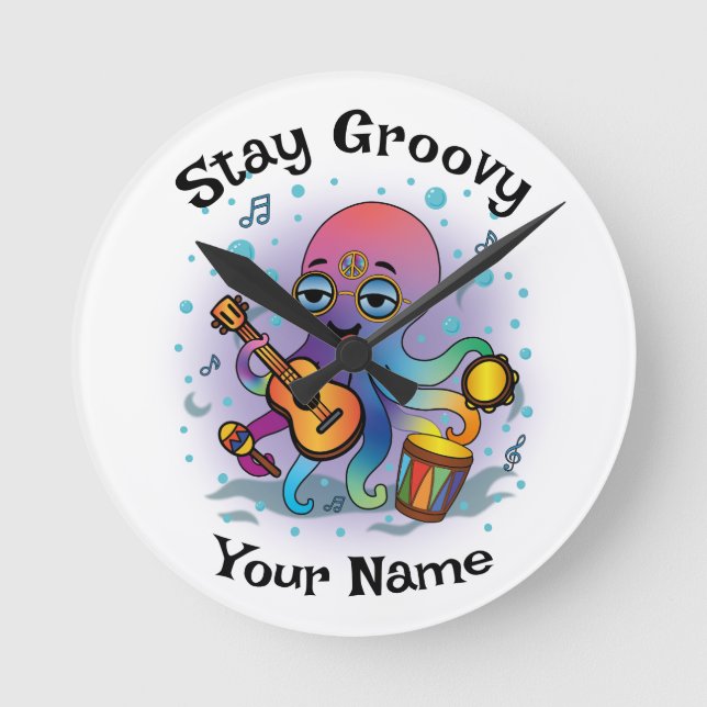 Custom Wall Clock | Retro Octopus | Name & Text Runde Wanduhr (Vorderseite)