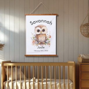 Custom Wassercolor Baby Owl Name & Birthdate Wall Wandteppich Mit Holzrahmen