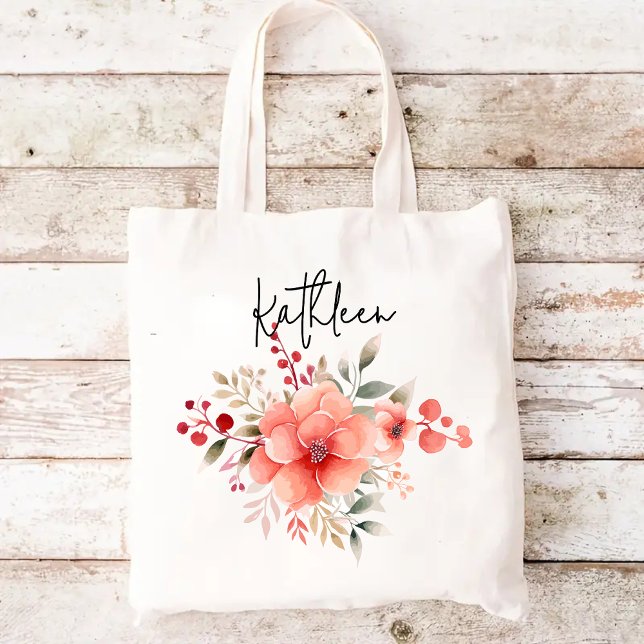 Custom Wassercolor Floral Bag, Geschenk für Frauen Tragetasche (bridesmaid gift bag, bridal shower tote, bride proposal gift, custom name tote bag, birthday present)