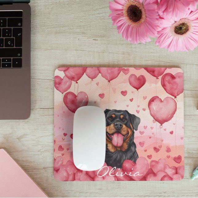 Custom Wassercolor Hund Valentine's Day Rosa Herze Mousepad (Von Creator hochgeladen)