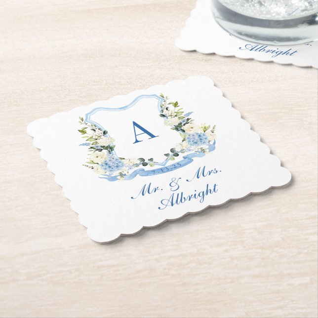 Custom Water Hydrangea Floral Wappen Hochzeit Untersetzer (angewinkelt)