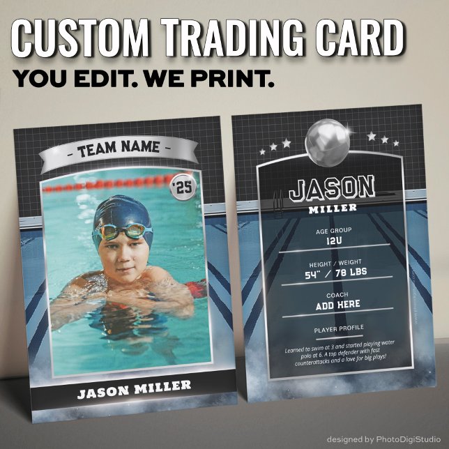 Custom Water Polo Trading Card Blue Silver Card Telefonnummerkarte (Custom Water Polo Trading Card, Modern Swimmer Trading Card Blue Gold)