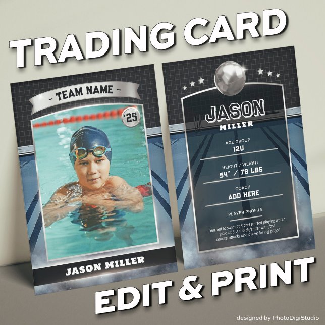Custom Water Polo Trading Card Blue Silver Card Telefonnummerkarte (Custom Water Polo Trading Card Blue Silver Card)