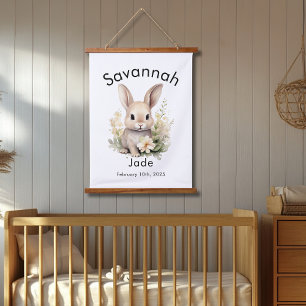 Custom Watercolor Baby Bunny Name & Birthdate Wall Wandteppich Mit Holzrahmen