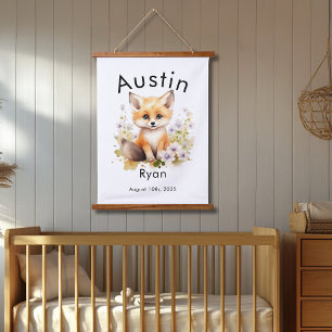 Custom Watercolor Baby Fox Name & Birthdate Wall Wandteppich Mit Holzrahmen