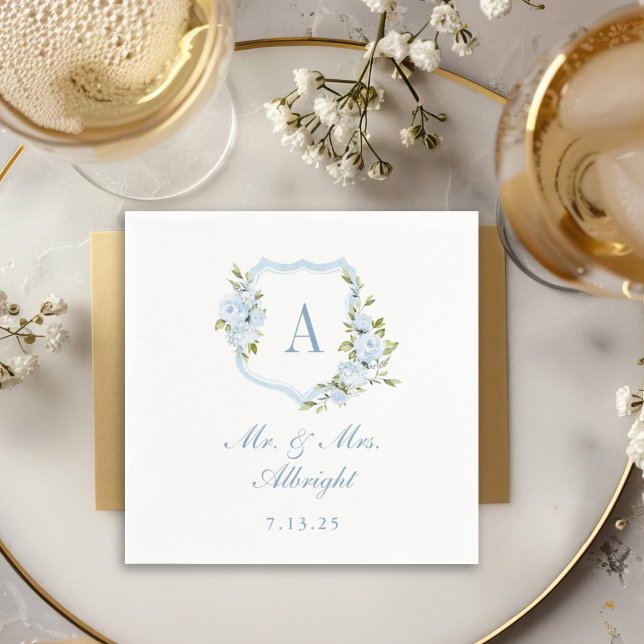 Custom Watercolor Blue Roses Floral Crest Wedding Serviette (Von Creator hochgeladen)