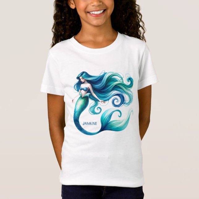 Custom Watercolor Mermaid Personalisiert Girl T-Shirt (Vorderseite)